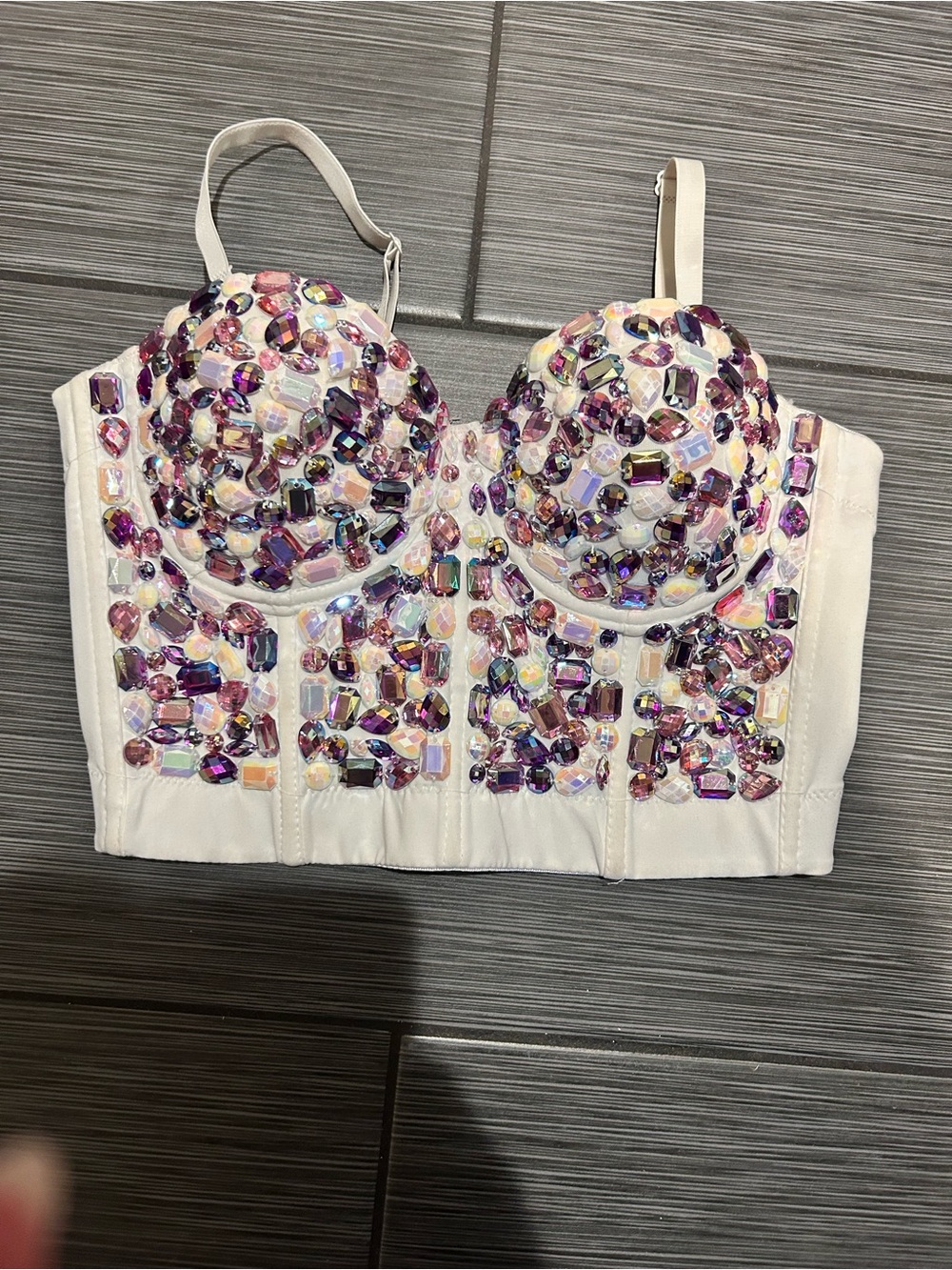 Fashion Nova White Bustier Crop Top with Purple & Iridescent Gems